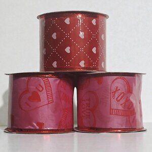 Valentine Wired Ribbon Hearts Red Pink White 2.5” 3 Rolls 3 Yards Each  NEW
